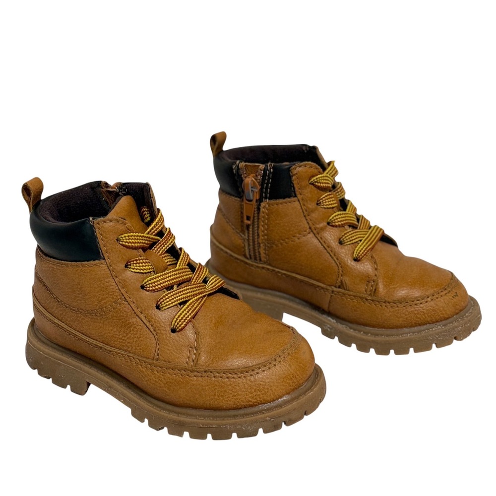 Carters Toddler Boys Tan Faux Leather Work Boots Side Zip Size 7M Brown Rugged